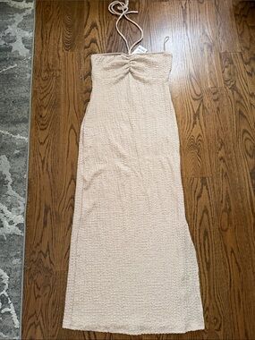 See You Monday Strapless Ruched Maxi Dress in Light Beige